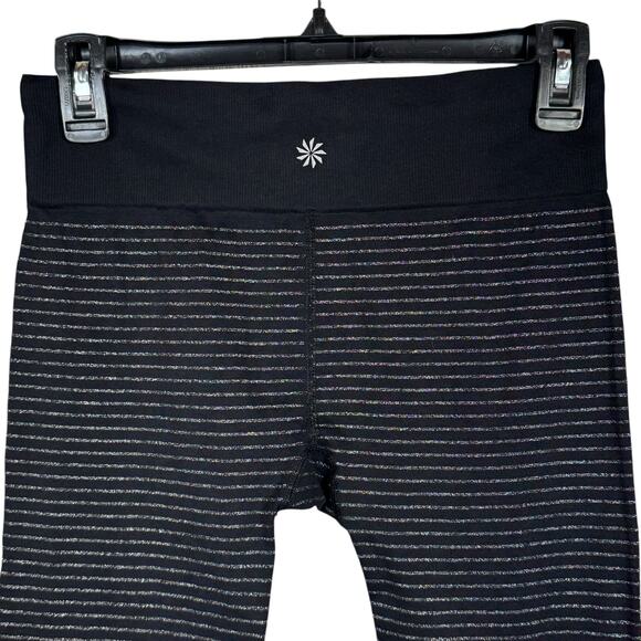 Athleta Medium Shimmer Stripe Leggings Drawstring Stretch Shiny Silver Black - Picture 4 of 6